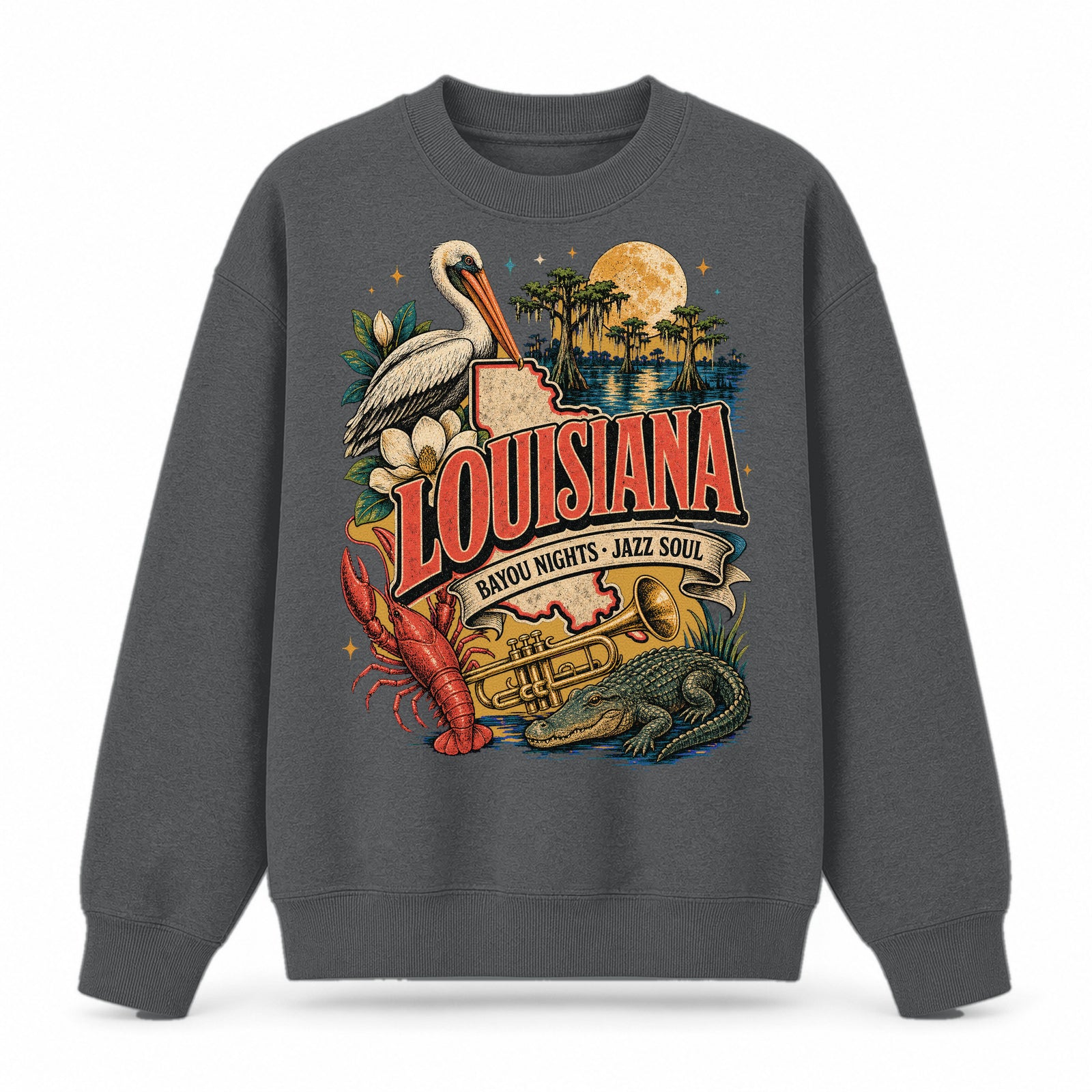 Colorful Louisiana State Collage Crewneck Sweatshirt in Dark Gray, front view on a white background