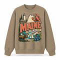 Colorful Maine State Collage Crewneck Sweatshirt in Khaki, front view on a white background
