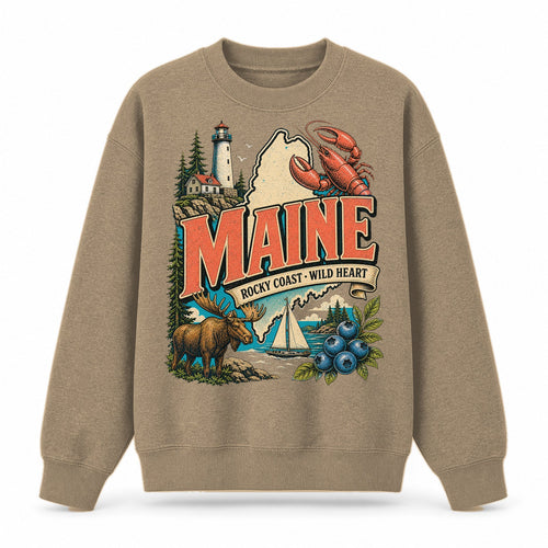 Colorful Maine State Collage Crewneck Sweatshirt in Khaki, front view on a white background