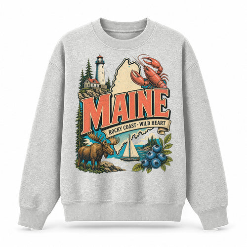 Colorful Maine State Collage Crewneck Sweatshirt in Light Gray, front view on a white background