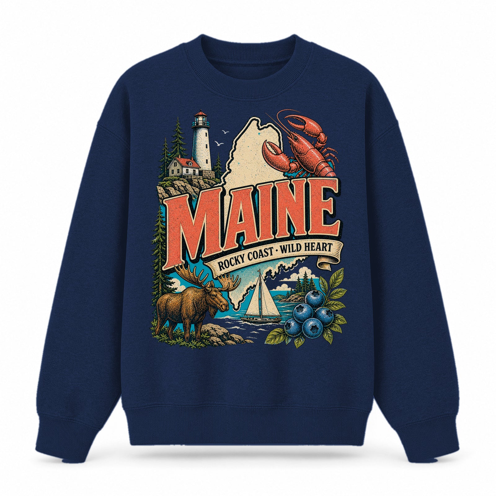 Colorful Maine State Collage Crewneck Sweatshirt in Navy, front view on a white background