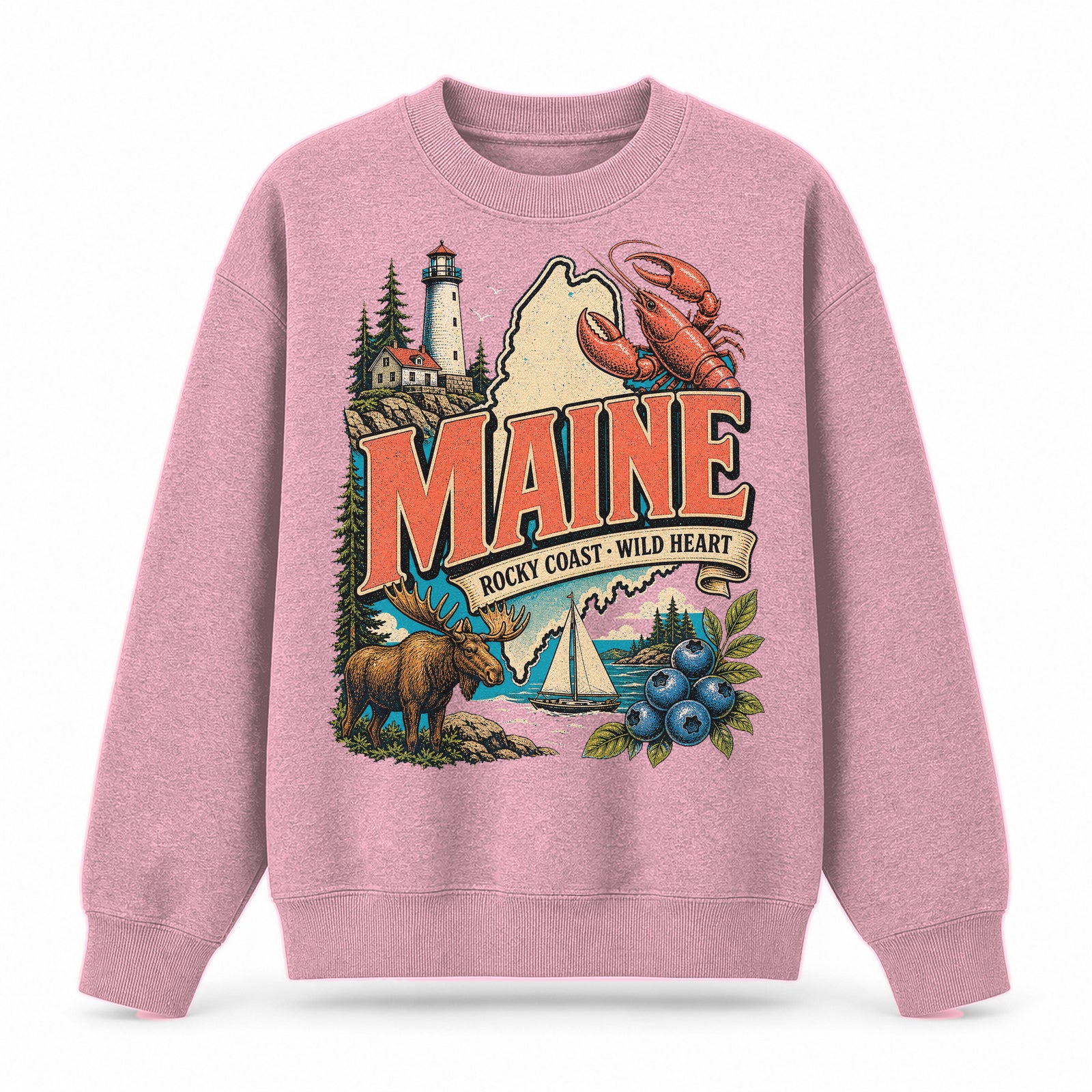 Colorful Maine State Collage Crewneck Sweatshirt in Pink, front view on a white background