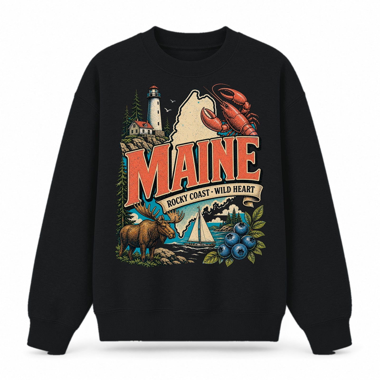 Colorful Maine State Collage Crewneck Sweatshirt in Black, front view on a white background