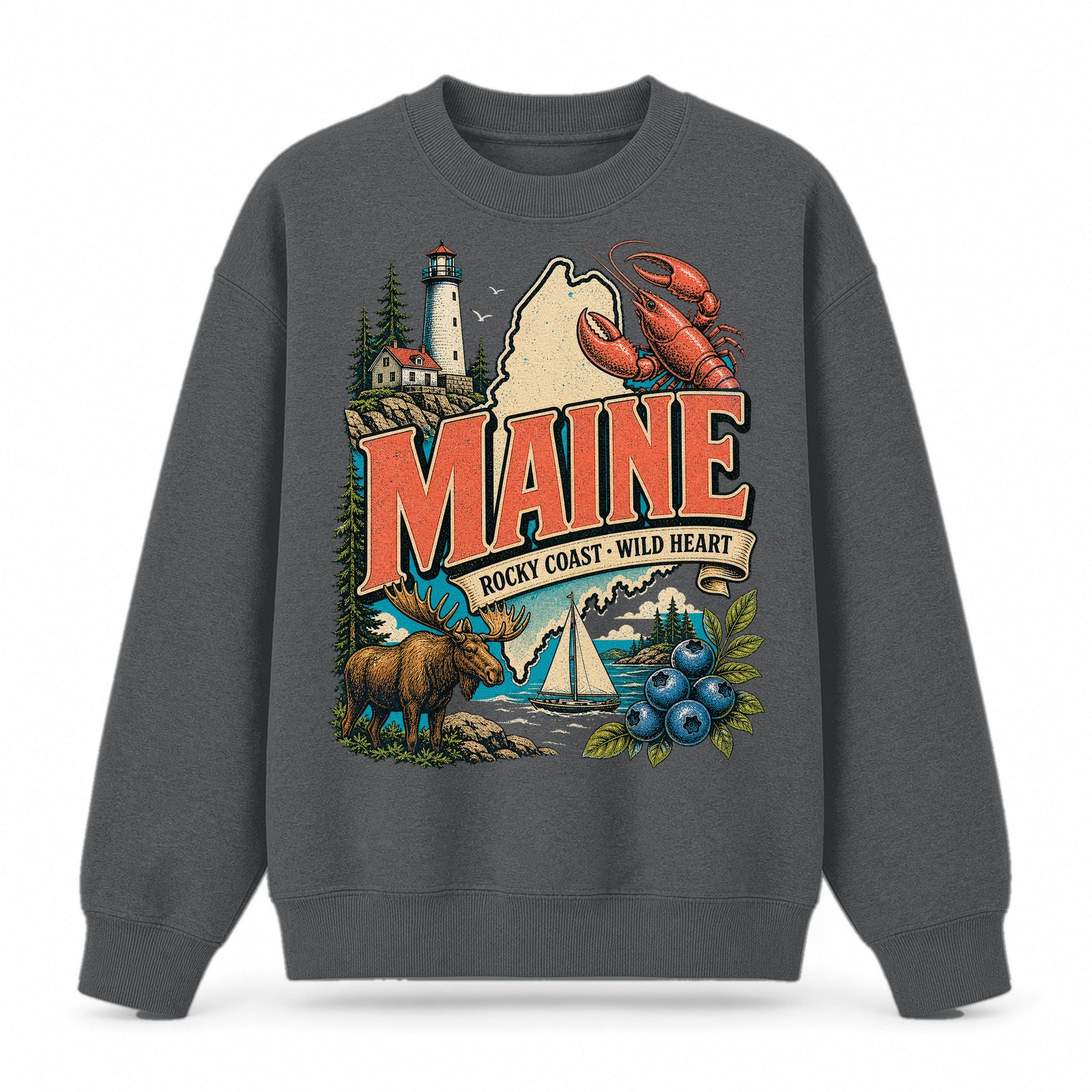 Colorful Maine State Collage Crewneck Sweatshirt in Dark Gray, front view on a white background