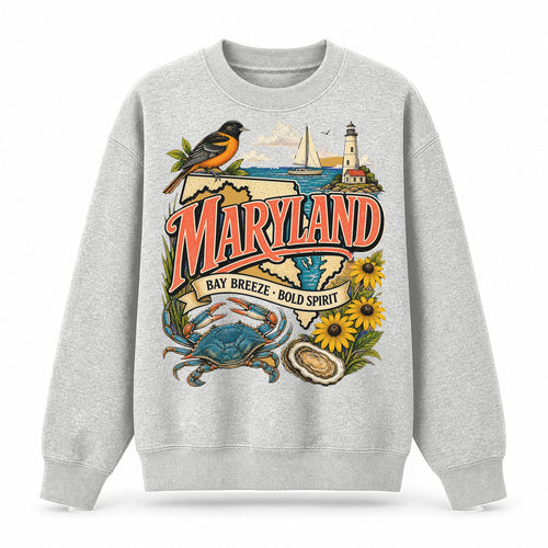 Colorful Maryland State Collage Crewneck Sweatshirt in Light Gray, front view on a white background