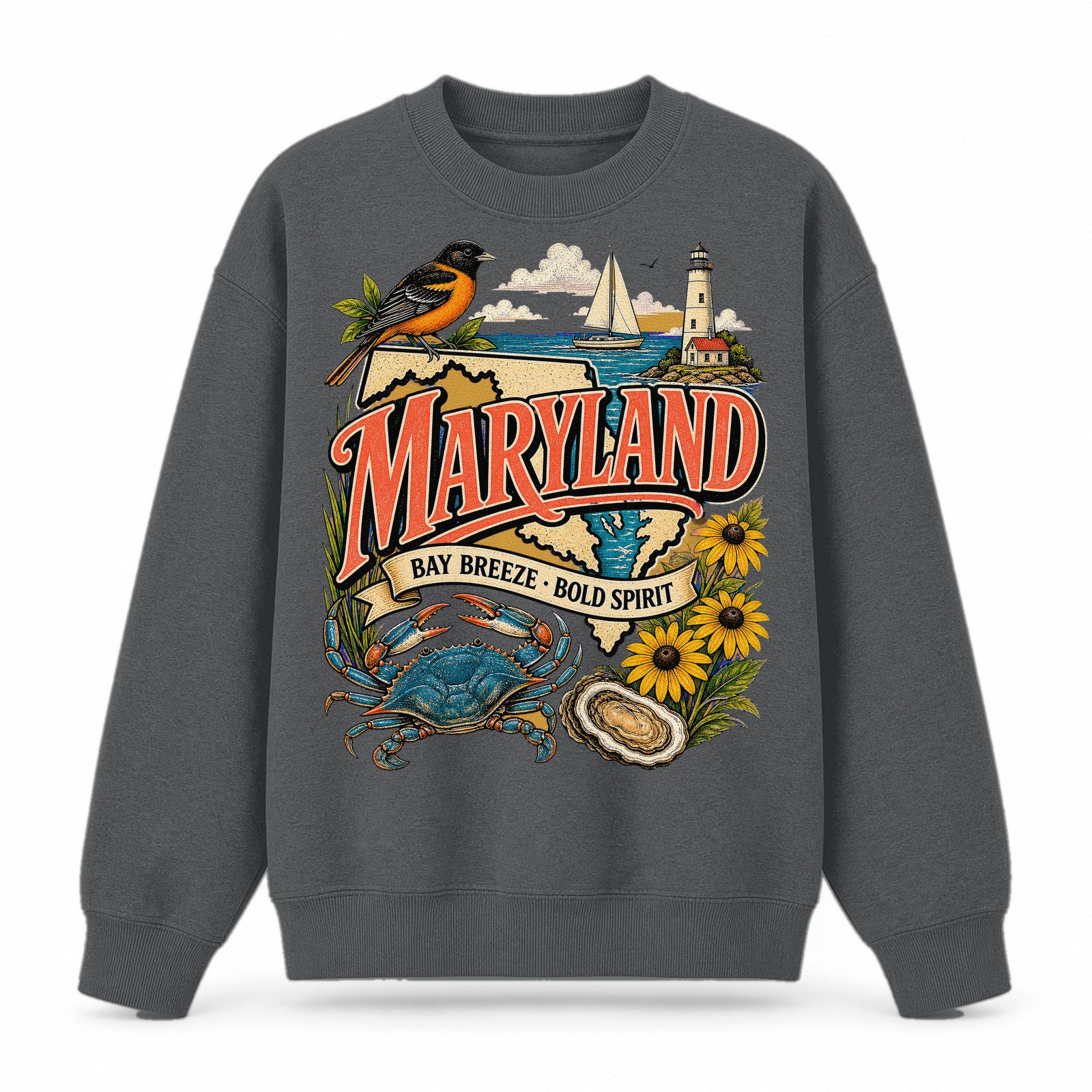Colorful Maryland State Collage Crewneck Sweatshirt in Dark Gray, front view on a white background