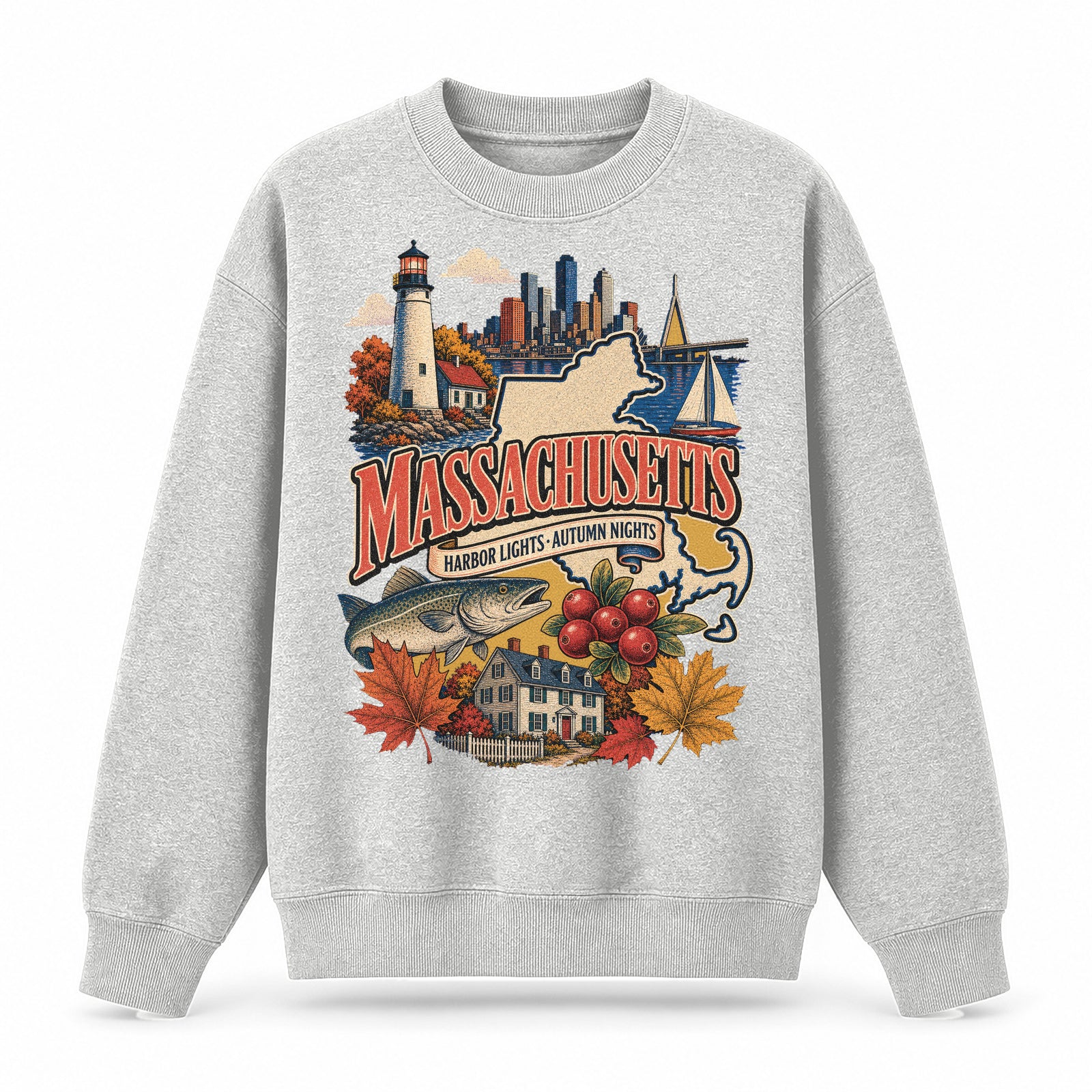 Colorful Massachusetts State Collage Crewneck Sweatshirt in Light Gray, front view on a white background