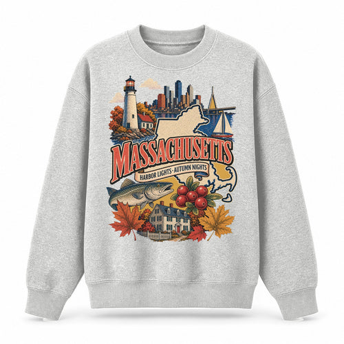 Colorful Massachusetts State Collage Crewneck Sweatshirt in Light Gray, front view on a white background