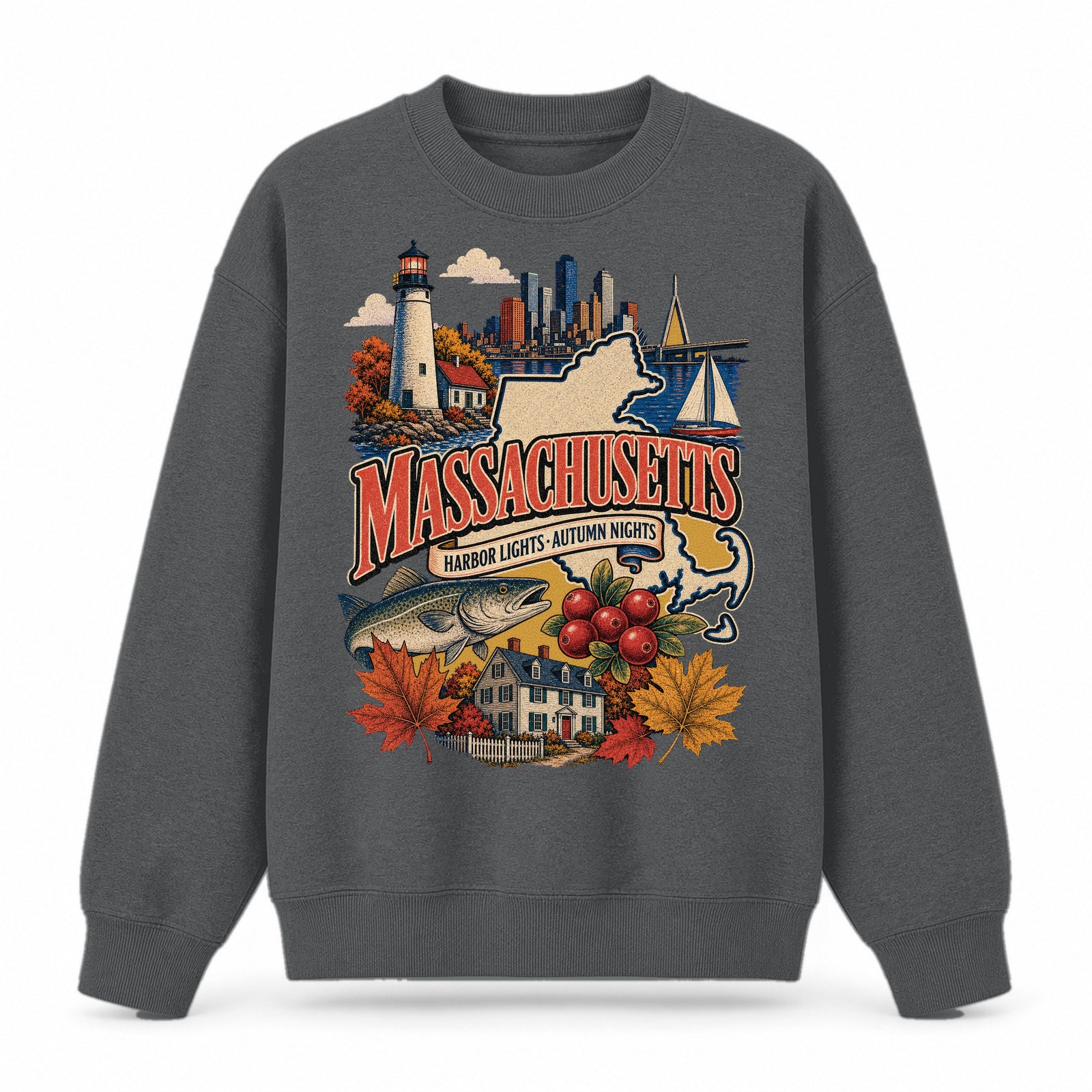 Colorful Massachusetts State Collage Crewneck Sweatshirt in Dark Gray, front view on a white background