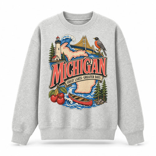 Colorful Michigan State Collage Crewneck Sweatshirt in Light Gray, front view on a white background