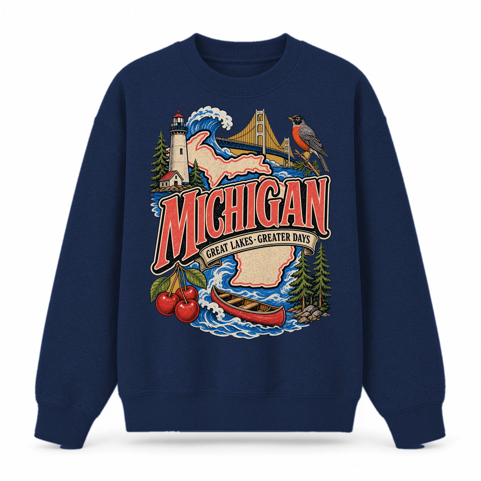 Colorful Michigan State Collage Crewneck Sweatshirt in Navy, front view on a white background