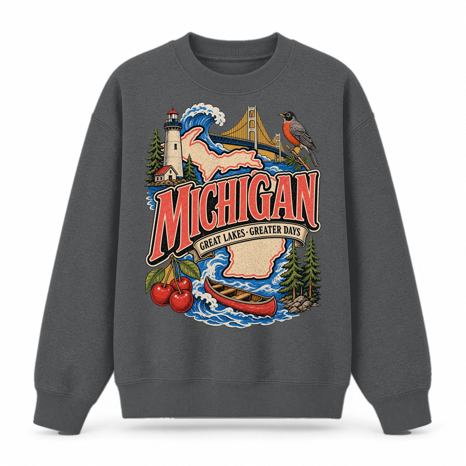 Colorful Michigan State Collage Crewneck Sweatshirt in Dark Gray, front view on a white background