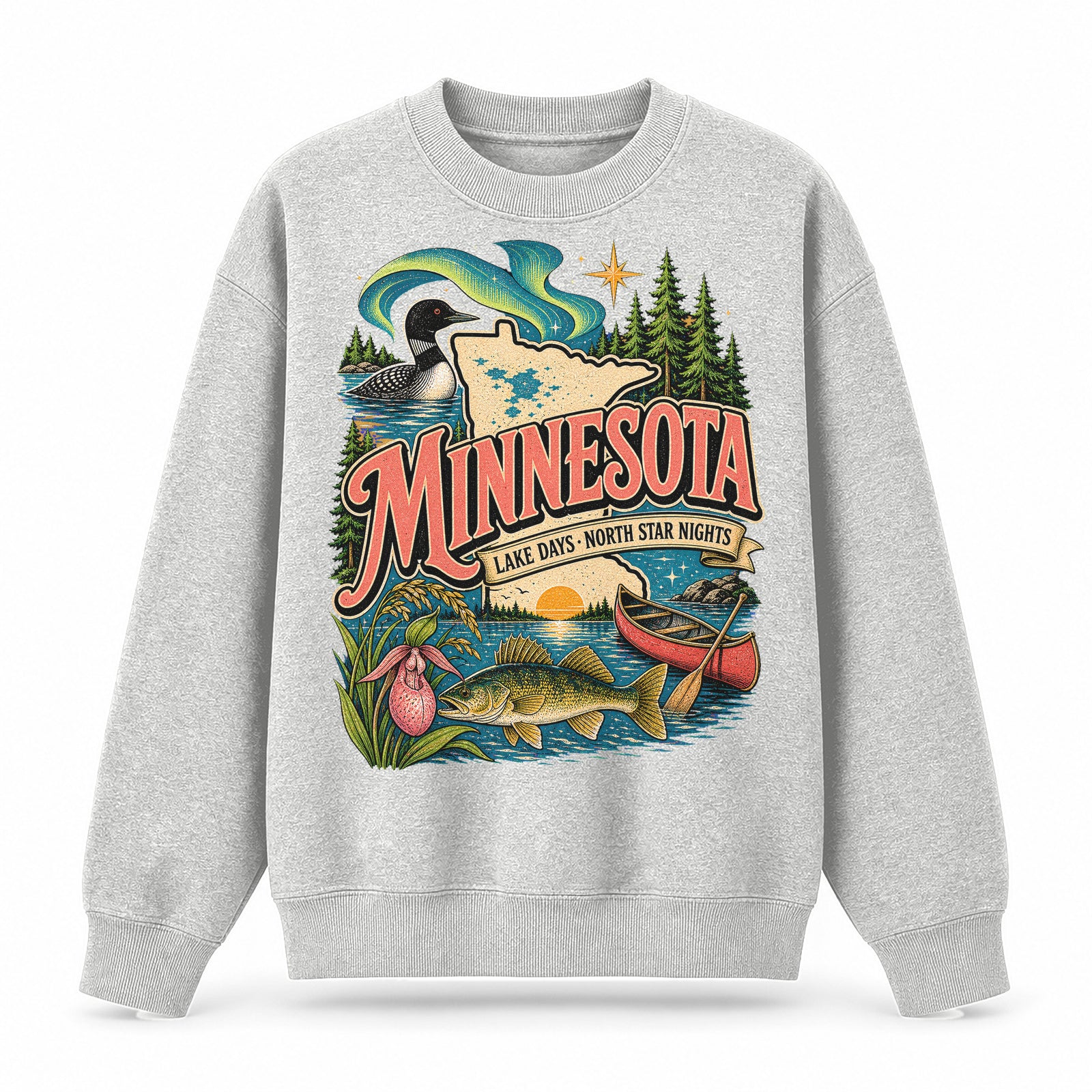 Colorful Minnesota State Collage Crewneck Sweatshirt in Light Gray, front view on a white background