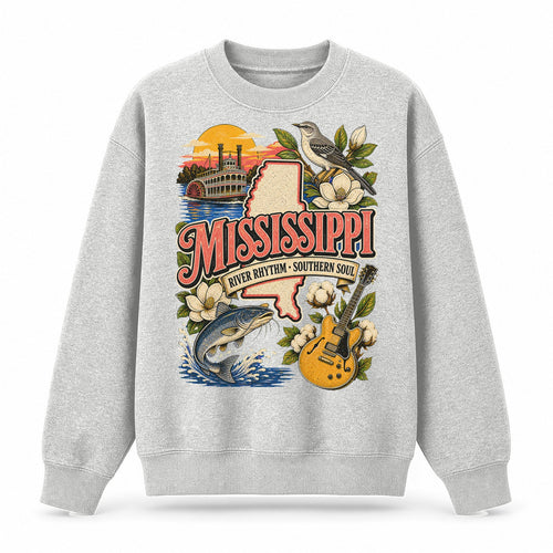 Colorful Mississippi State Collage Crewneck Sweatshirt in Light Gray, front view on a white background