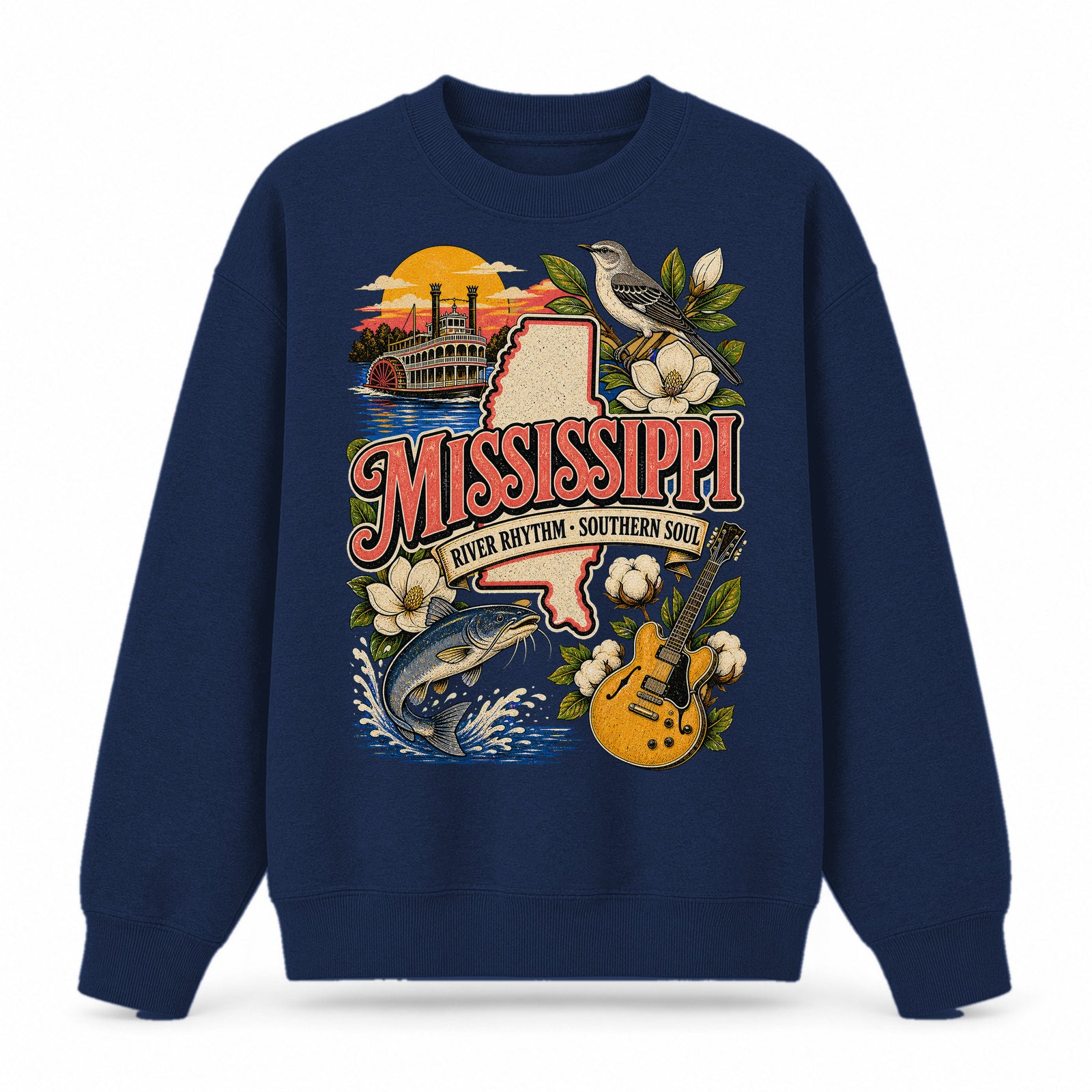 Colorful Mississippi State Collage Crewneck Sweatshirt in Navy, front view on a white background