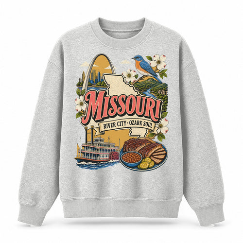 Colorful Missouri State Collage Crewneck Sweatshirt in Light Gray, front view on a white background