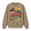 Colorful Montana State Collage Crewneck Sweatshirt in Khaki, front view on a white background
