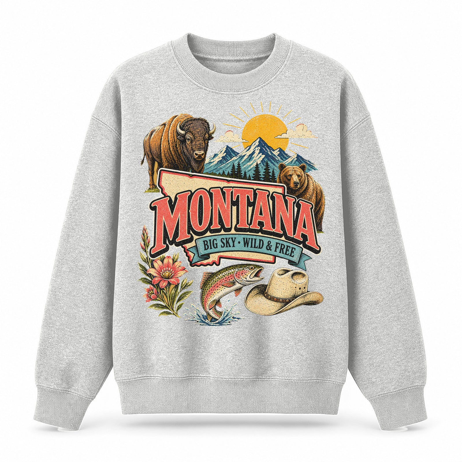 Colorful Montana State Collage Crewneck Sweatshirt in Light Gray, front view on a white background