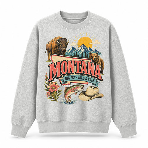 Colorful Montana State Collage Crewneck Sweatshirt in Light Gray, front view on a white background