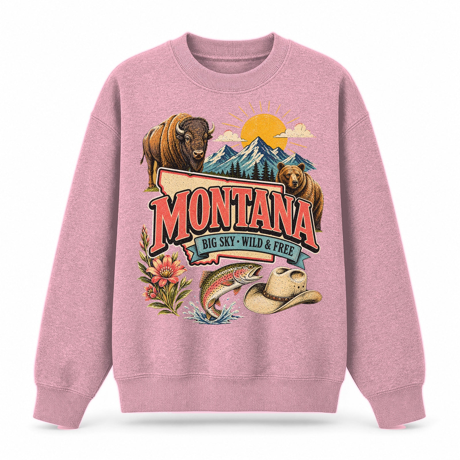 Colorful Montana State Collage Crewneck Sweatshirt in Pink, front view on a white background