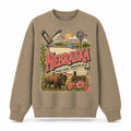 Colorful Nebraska State Collage Crewneck Sweatshirt in Khaki, front view on a white background