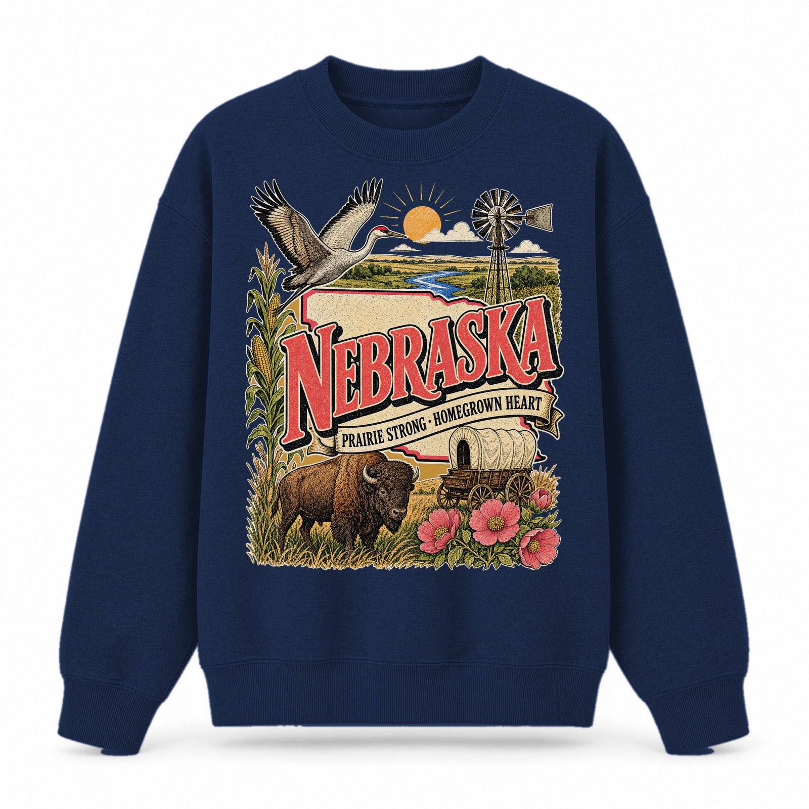 Colorful Nebraska State Collage Crewneck Sweatshirt in Navy, front view on a white background