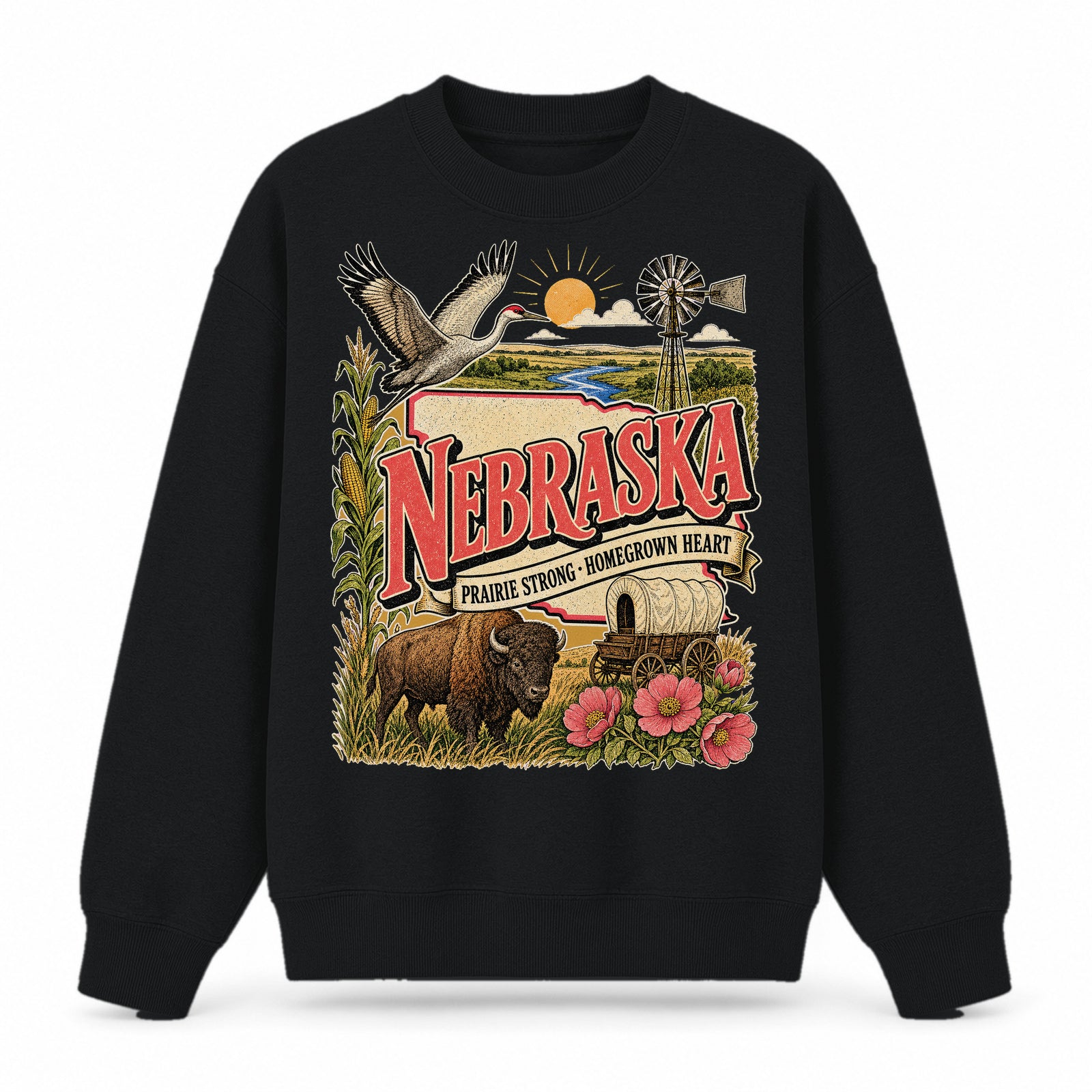 Colorful Nebraska State Collage Crewneck Sweatshirt in Black, front view on a white background