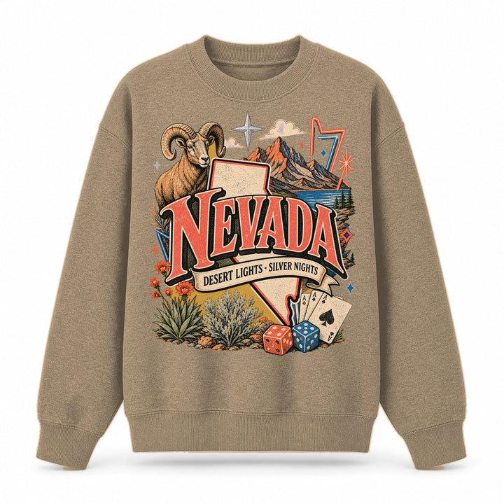 Colorful Nevada State Collage Crewneck Sweatshirt in Khaki, front view on a white background
