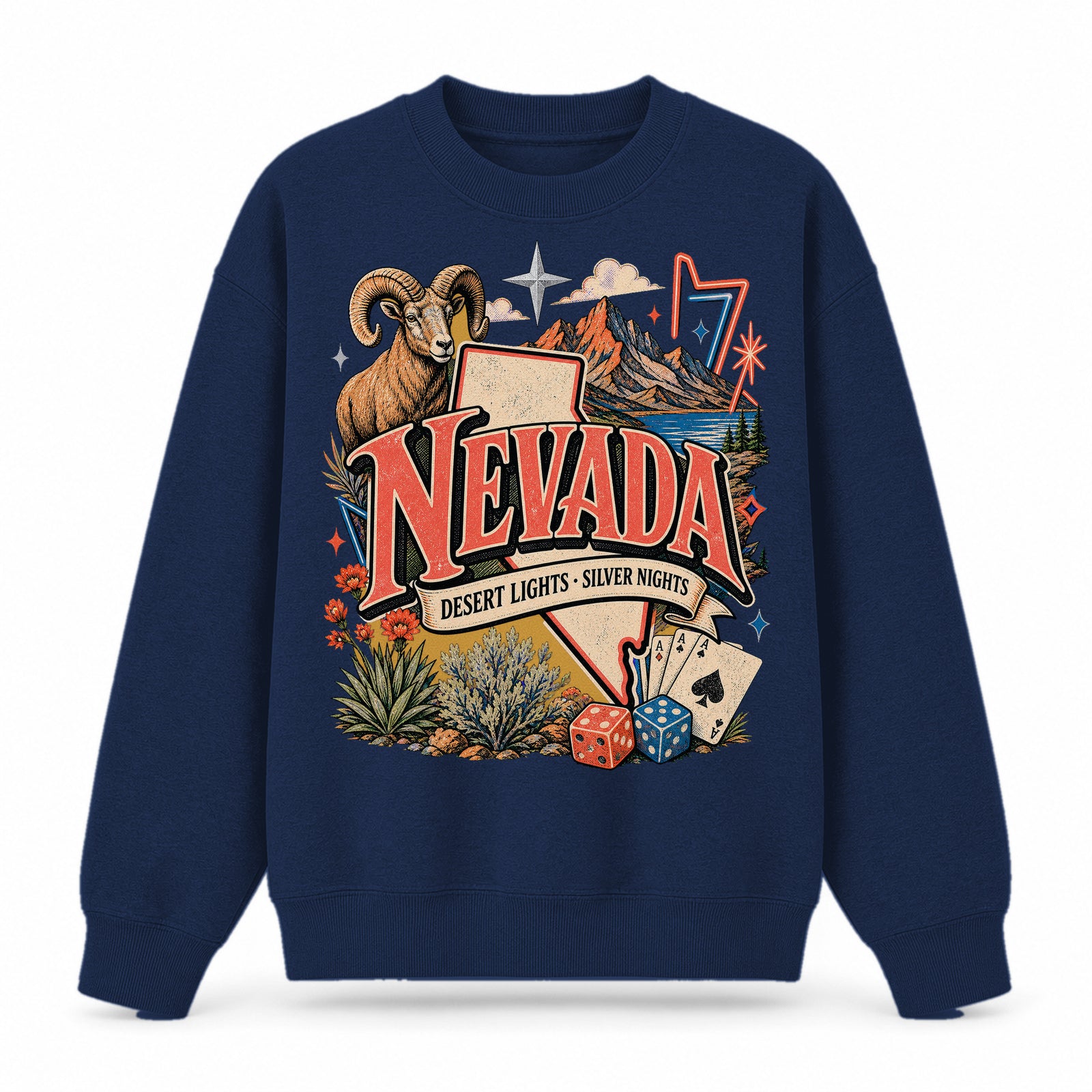 Colorful Nevada State Collage Crewneck Sweatshirt in Navy, front view on a white background