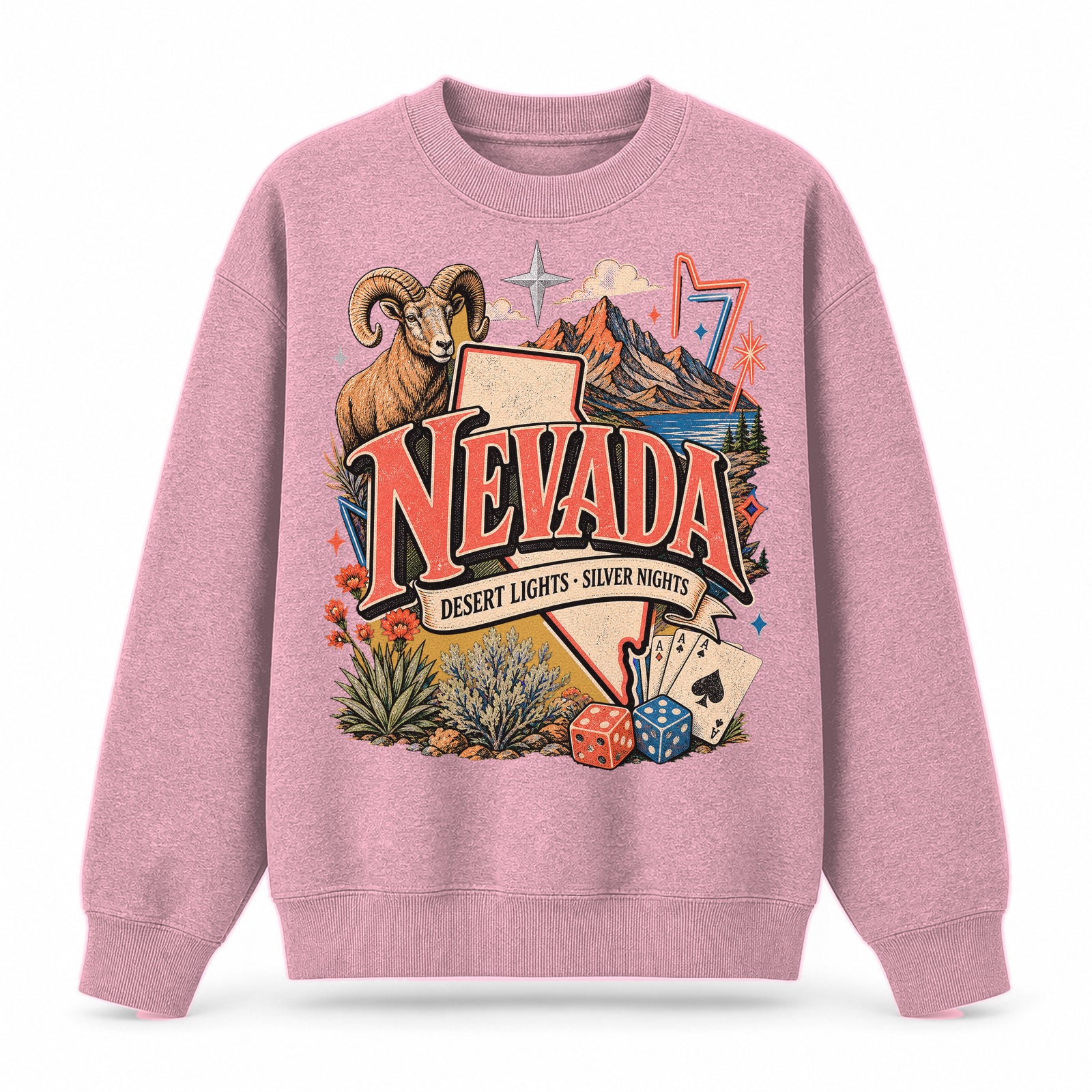 Colorful Nevada State Collage Crewneck Sweatshirt in Pink, front view on a white background