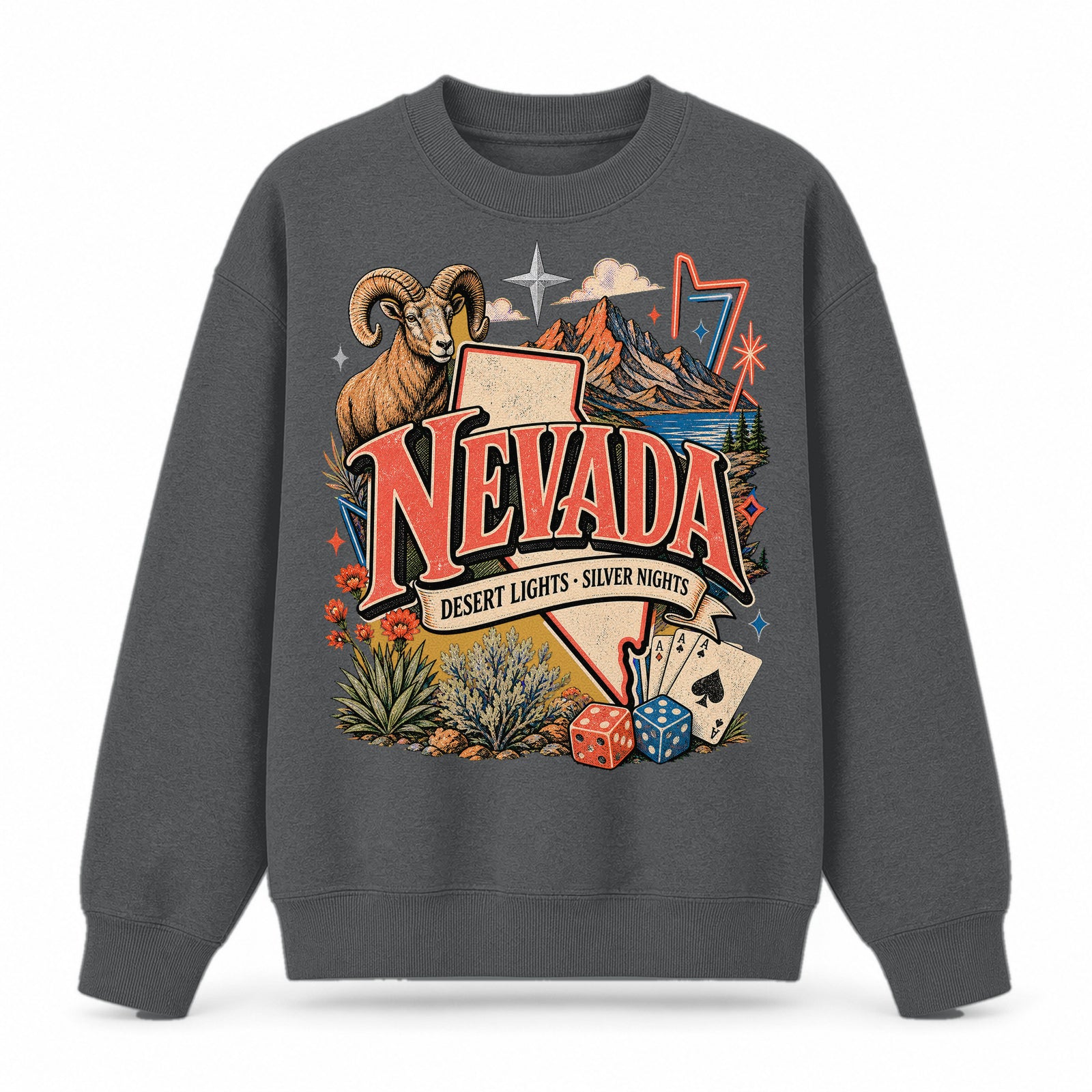 Colorful Nevada State Collage Crewneck Sweatshirt in Dark Gray, front view on a white background