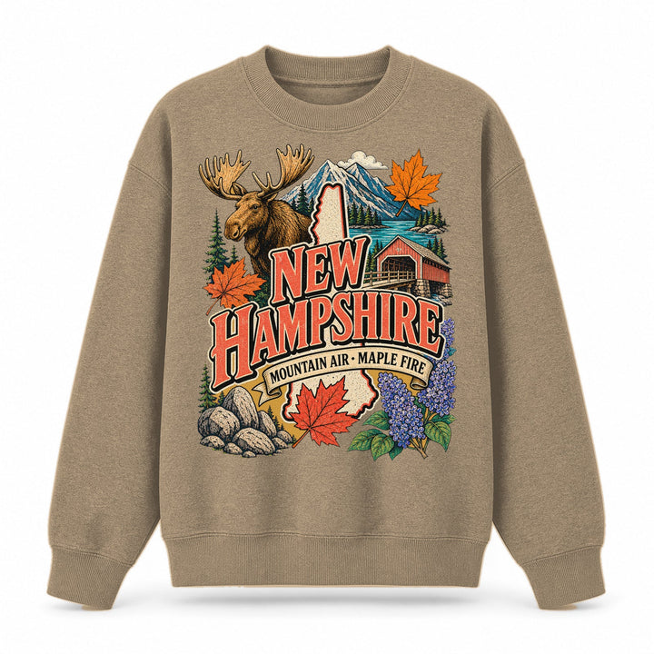 Colorful New Hampshire State Collage Crewneck Sweatshirt in Khaki, front view on a white background