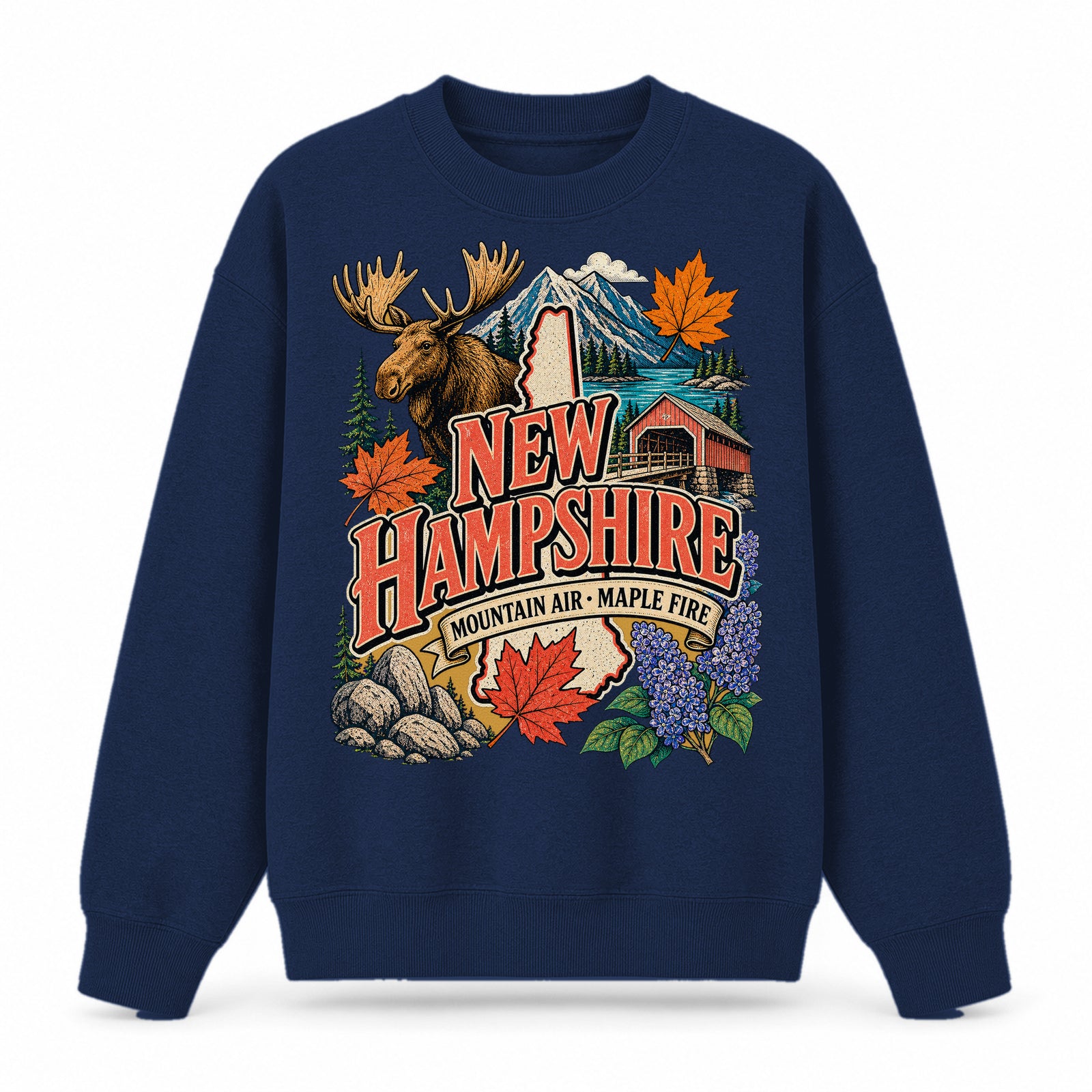 Colorful New Hampshire State Collage Crewneck Sweatshirt in Navy, front view on a white background