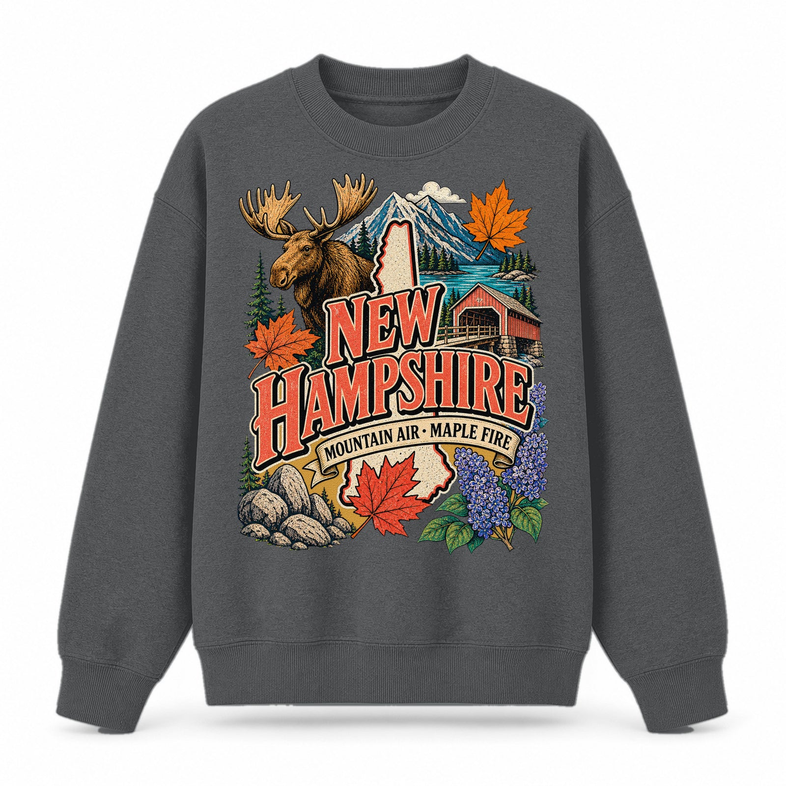 Colorful New Hampshire State Collage Crewneck Sweatshirt in Dark Gray, front view on a white background