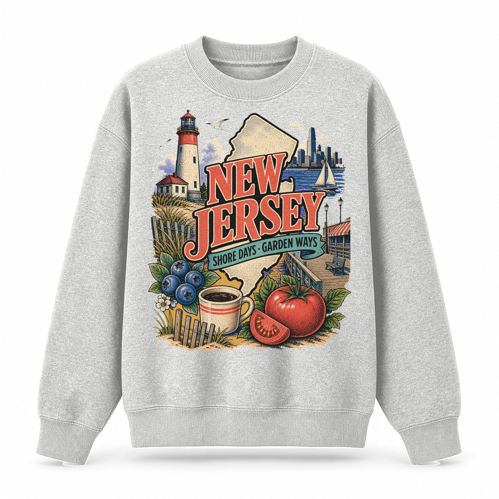 Colorful New Jersey State Collage Crewneck Sweatshirt in Light Gray, front view on a white background