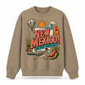 Colorful New Mexico State Collage Crewneck Sweatshirt in Khaki, front view on a white background