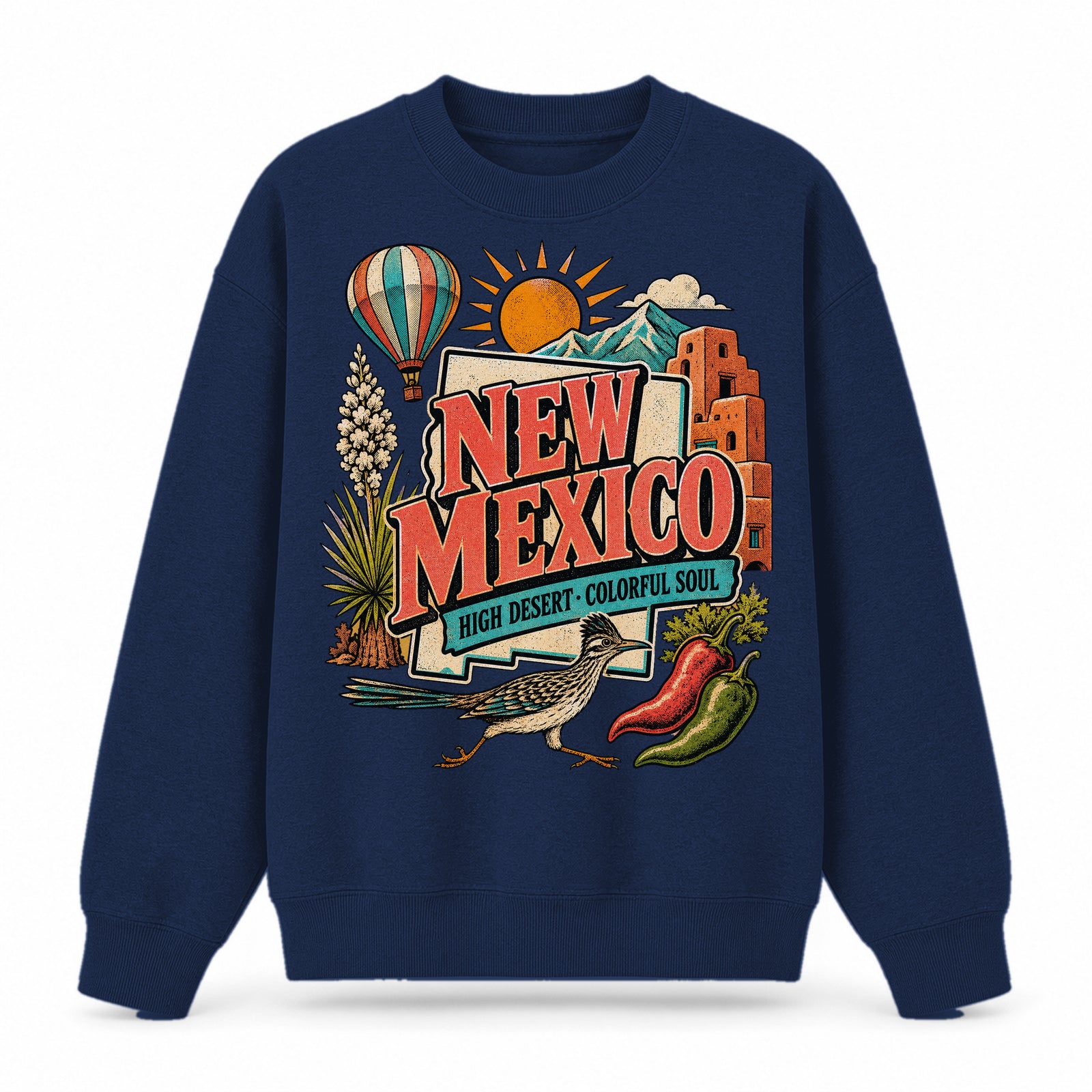 Colorful New Mexico State Collage Crewneck Sweatshirt in Navy, front view on a white background