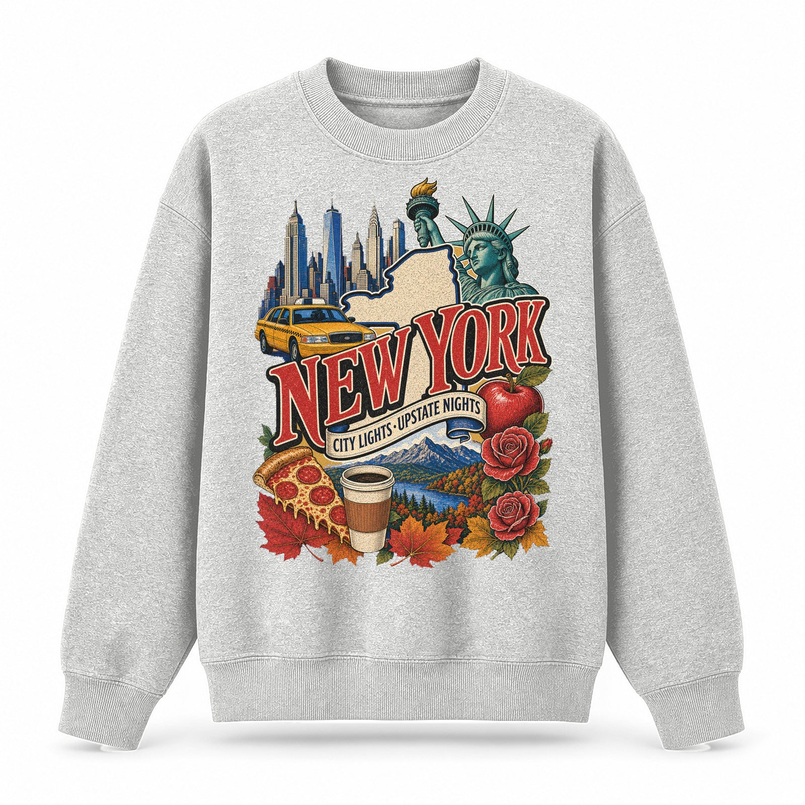 Colorful New York State Collage Crewneck Sweatshirt in Light Gray, front view on a white background