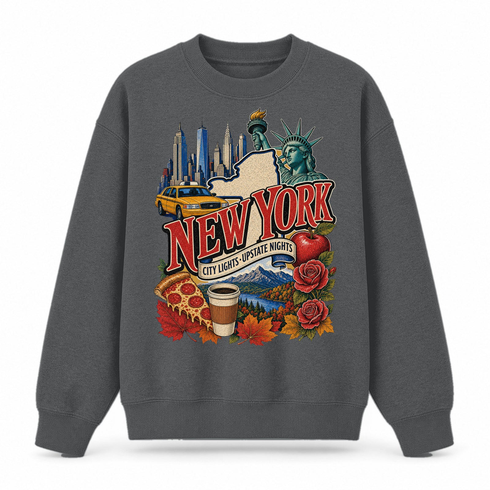 Colorful New York State Collage Crewneck Sweatshirt in Dark Gray, front view on a white background