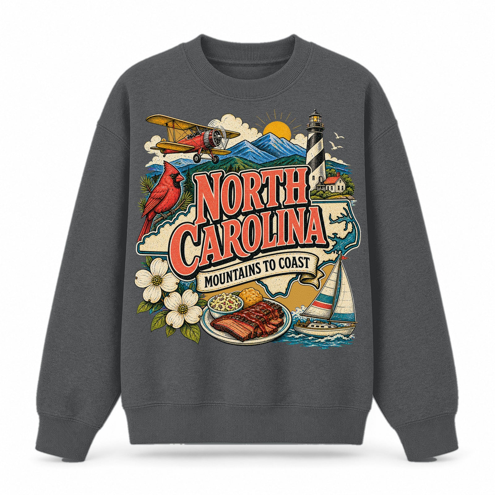 Colorful North Carolina State Collage Crewneck Sweatshirt in Dark Gray, front view on a white background