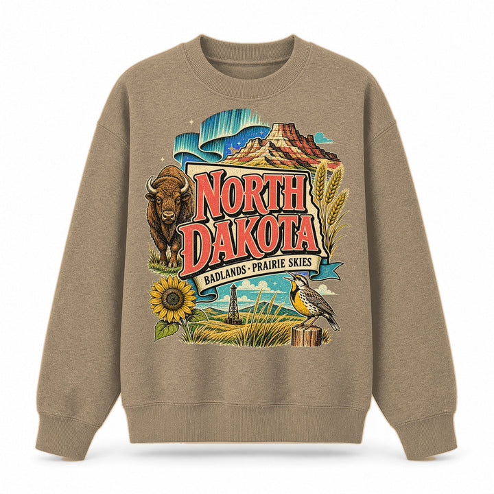 Colorful North Dakota State Collage Crewneck Sweatshirt in Khaki, front view on a white background