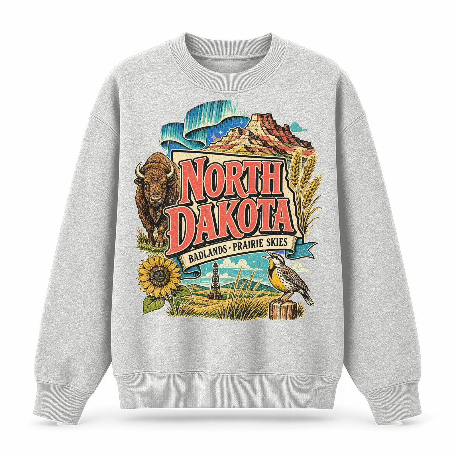 Colorful North Dakota State Collage Crewneck Sweatshirt in Light Gray, front view on a white background