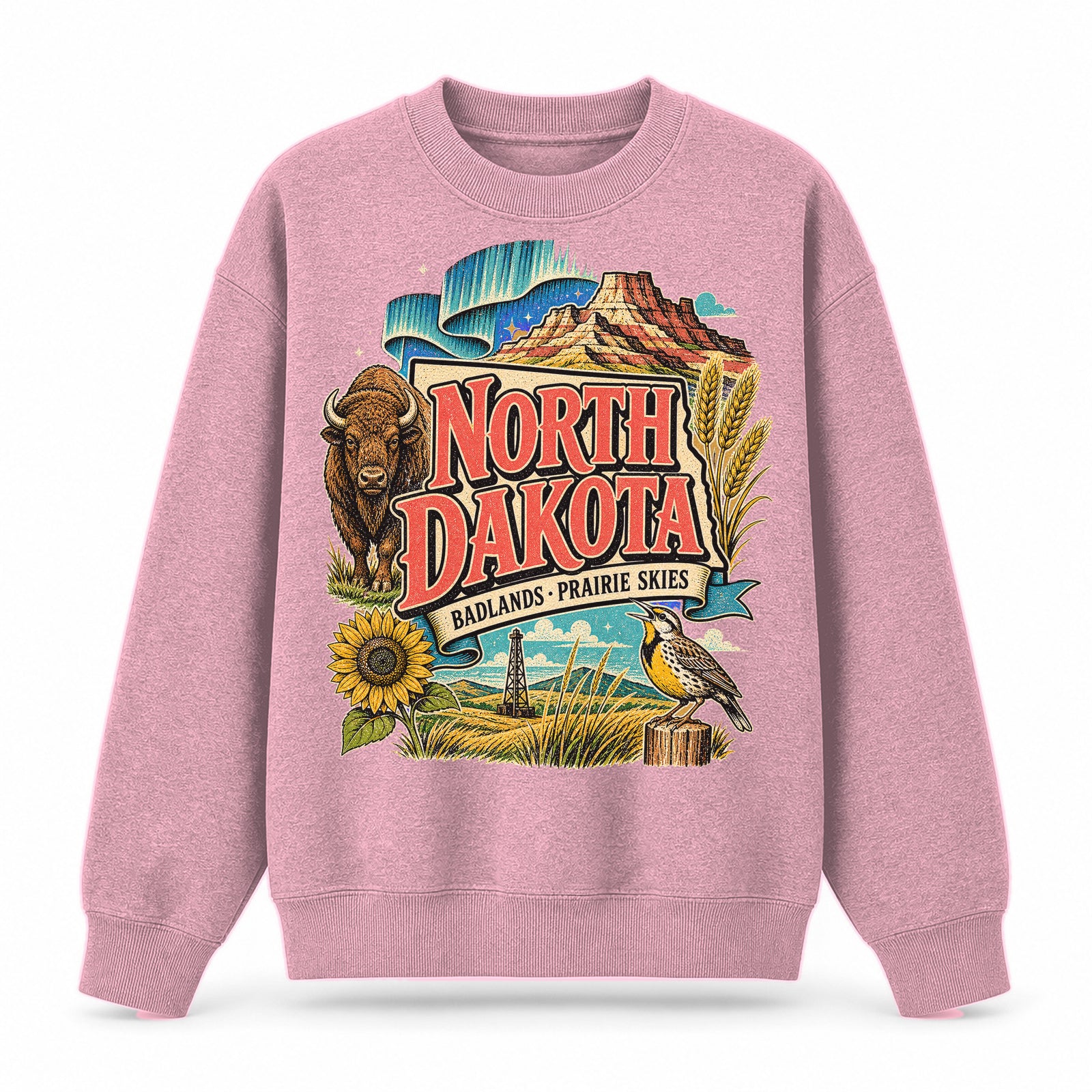 Colorful North Dakota State Collage Crewneck Sweatshirt in Pink, front view on a white background