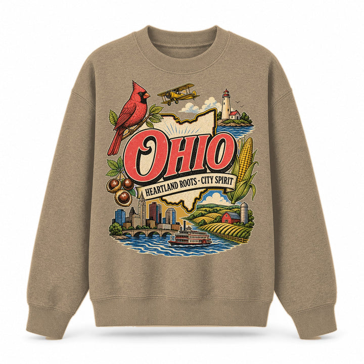Colorful Ohio State Collage Crewneck Sweatshirt in Khaki, front view on a white background