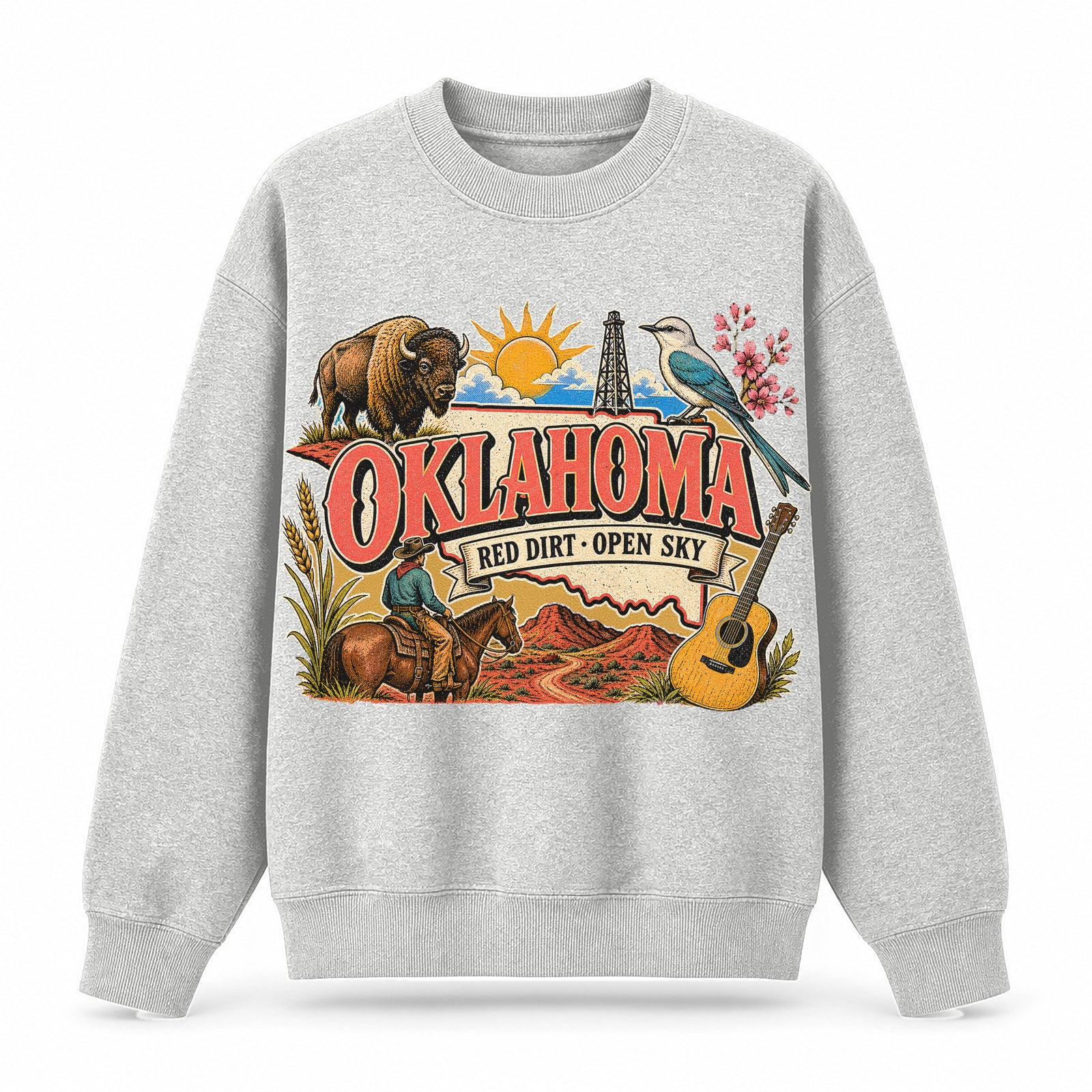 Colorful Oklahoma State Collage Crewneck Sweatshirt in Light Gray, front view on a white background
