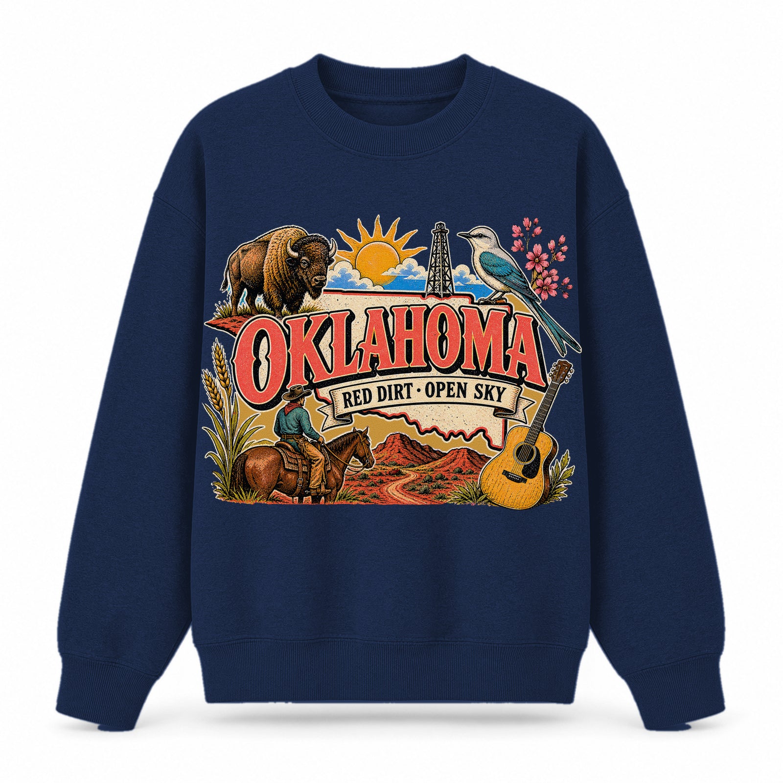 Colorful Oklahoma State Collage Crewneck Sweatshirt in Navy, front view on a white background