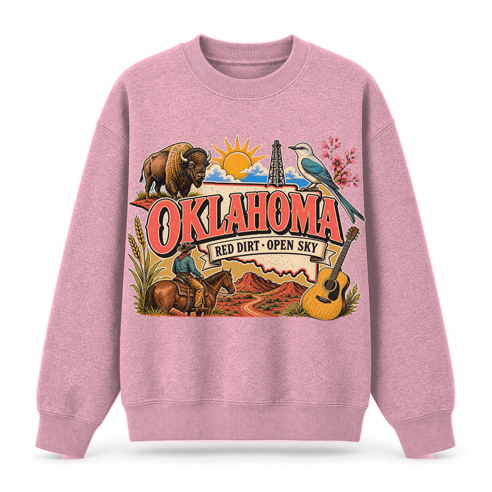 Colorful Oklahoma State Collage Crewneck Sweatshirt in Pink, front view on a white background