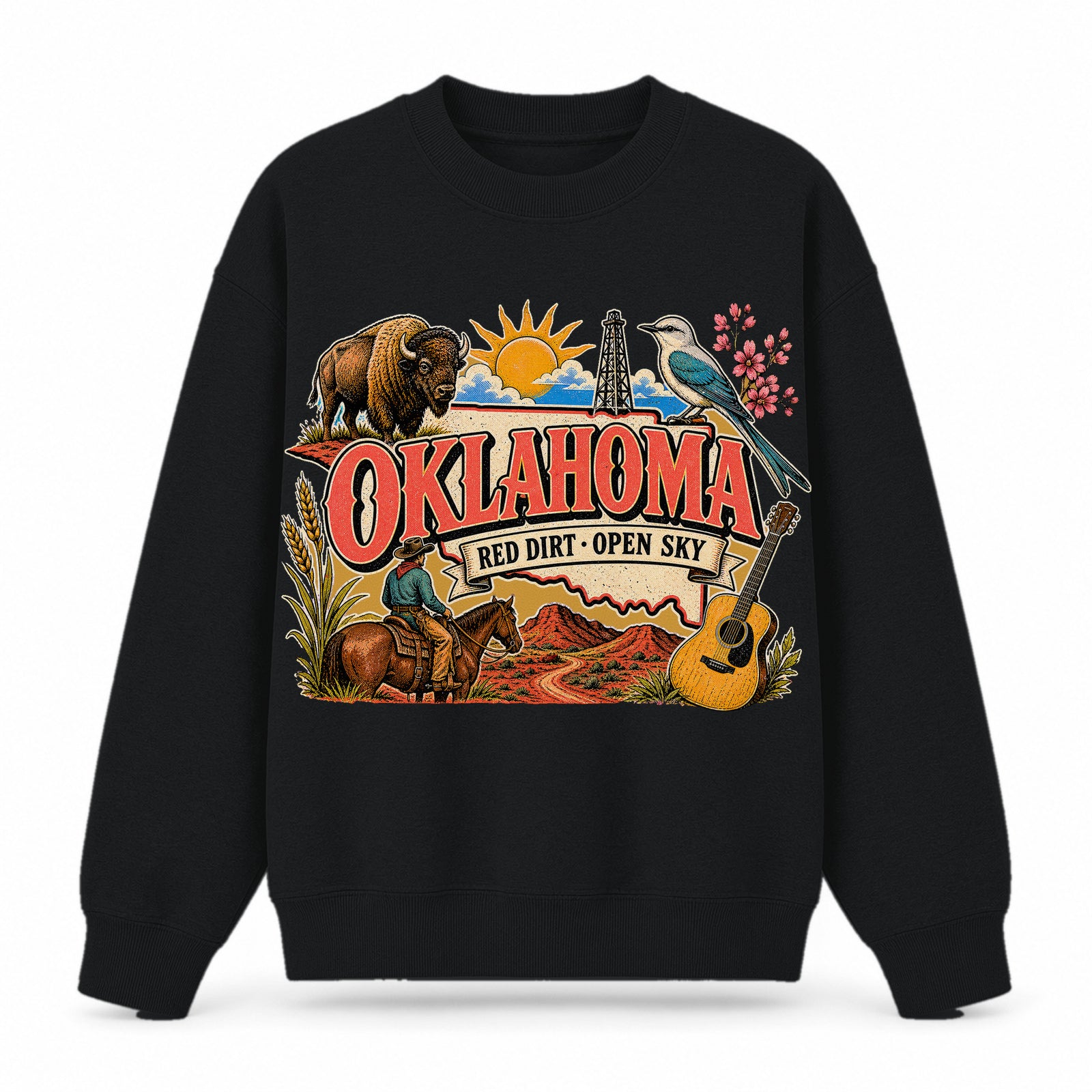 Colorful Oklahoma State Collage Crewneck Sweatshirt in Black, front view on a white background