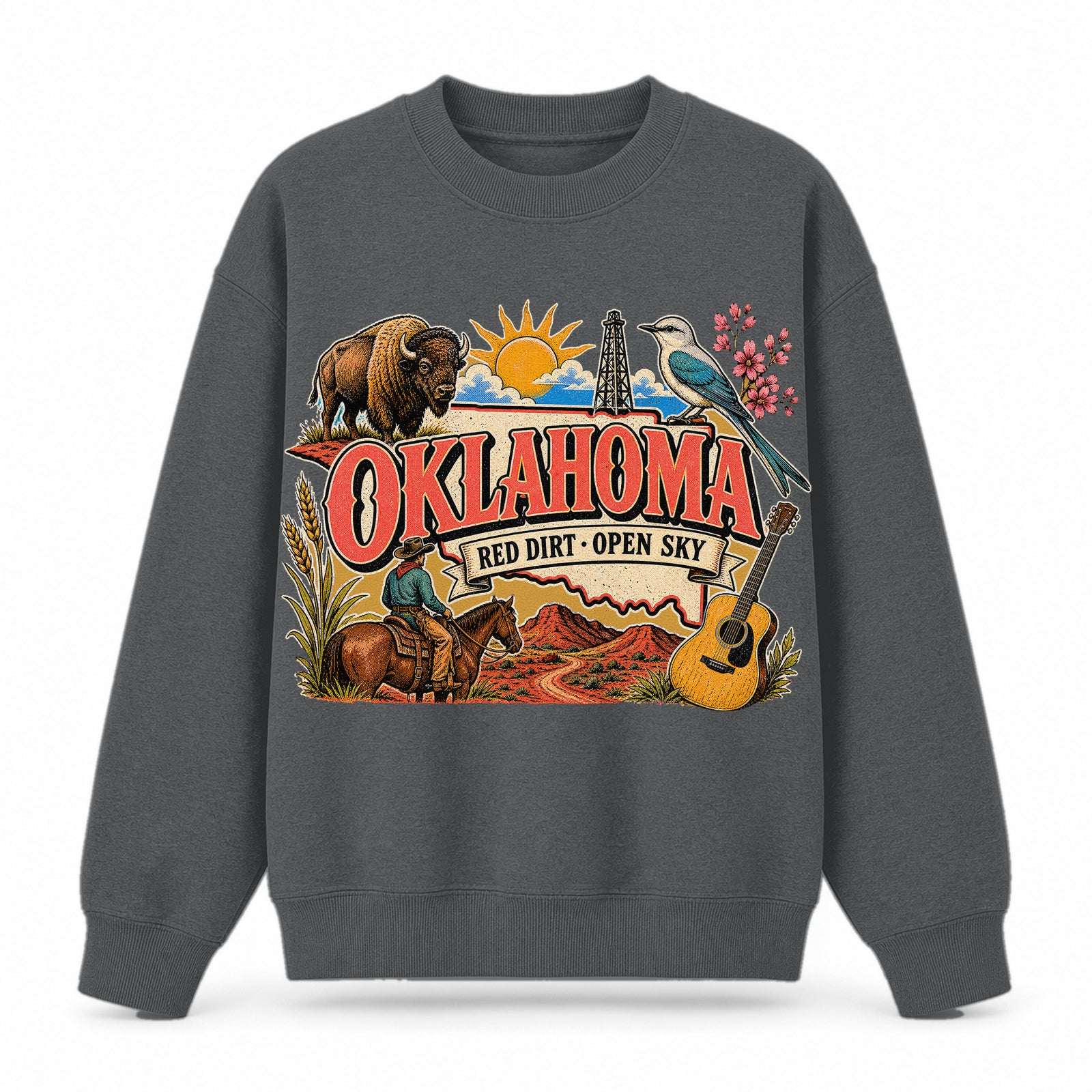 Colorful Oklahoma State Collage Crewneck Sweatshirt in Dark Gray, front view on a white background