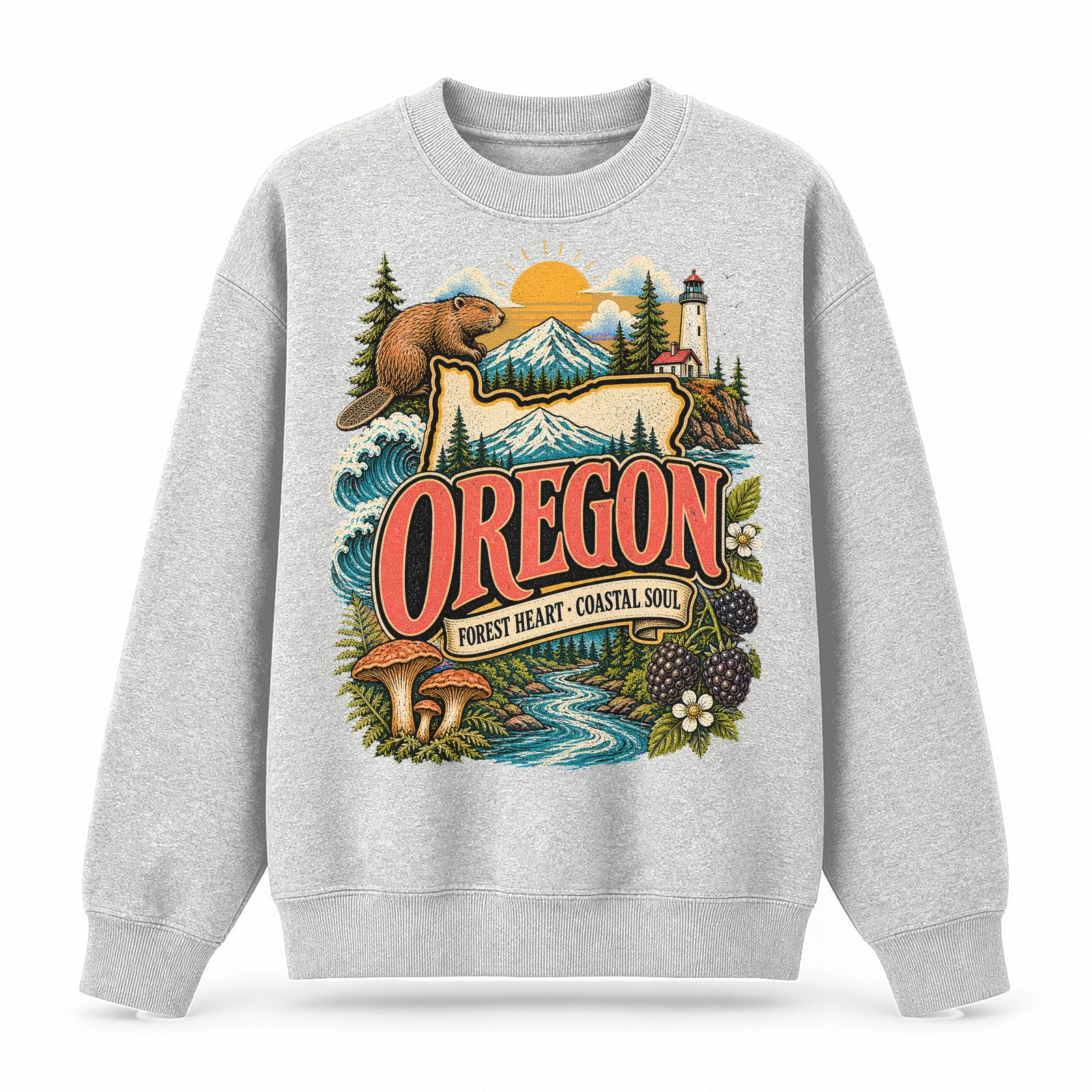 Colorful Oregon State Collage Crewneck Sweatshirt in Light Gray, front view on a white background